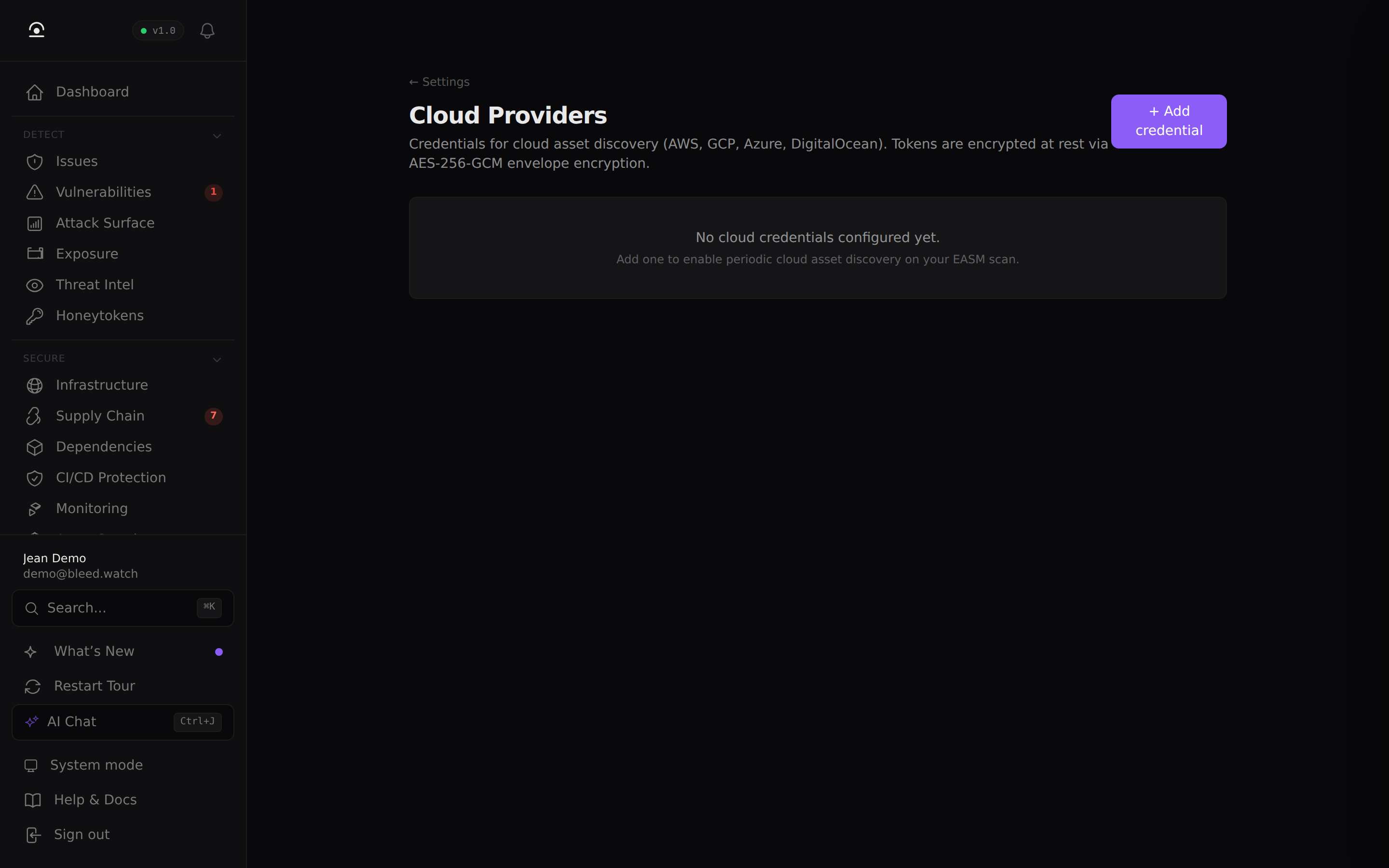 Settings → Cloud Providers — empty state with "Add credential"