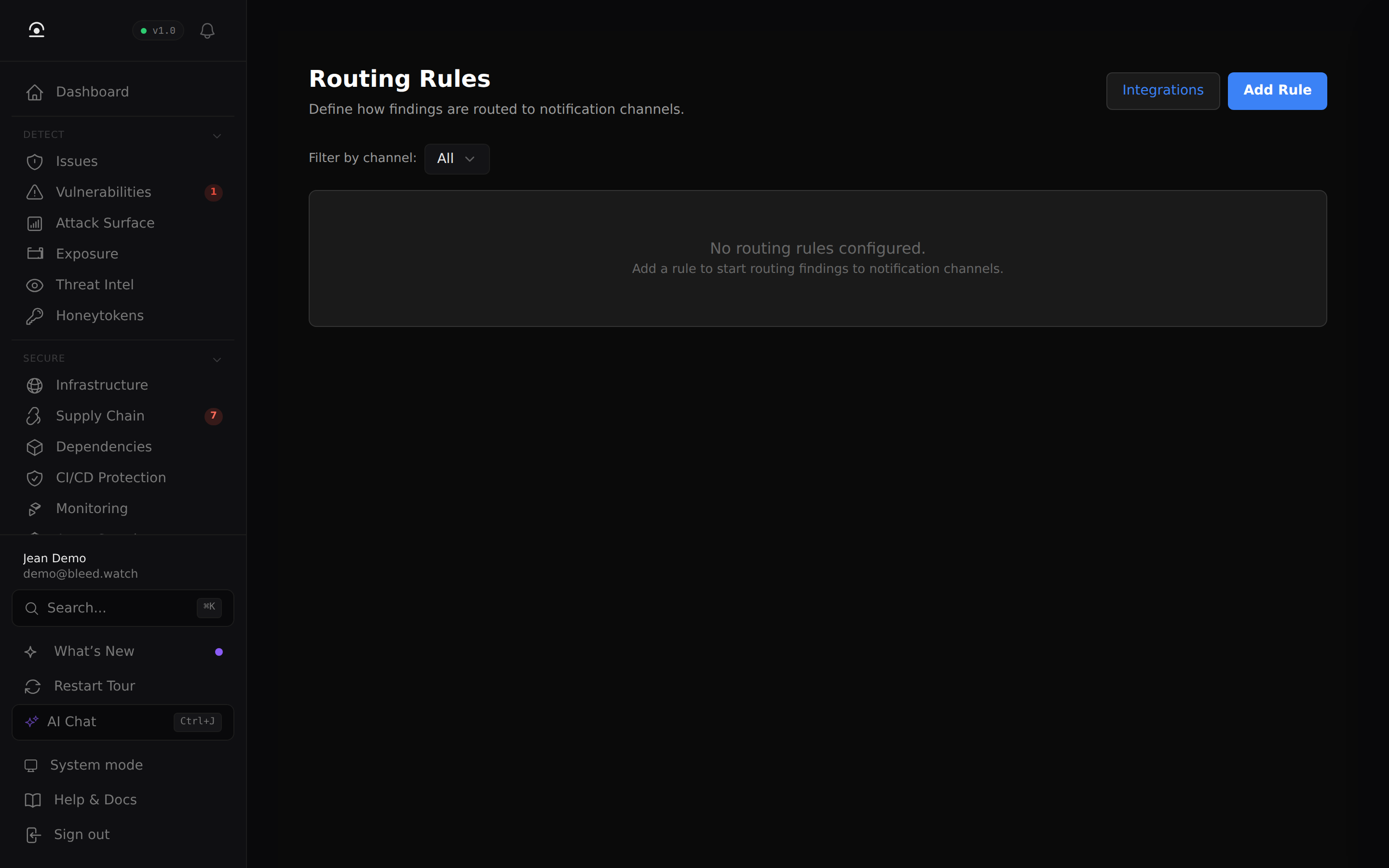 Sentinel → Routing Rules — filter by channel, Add Rule action