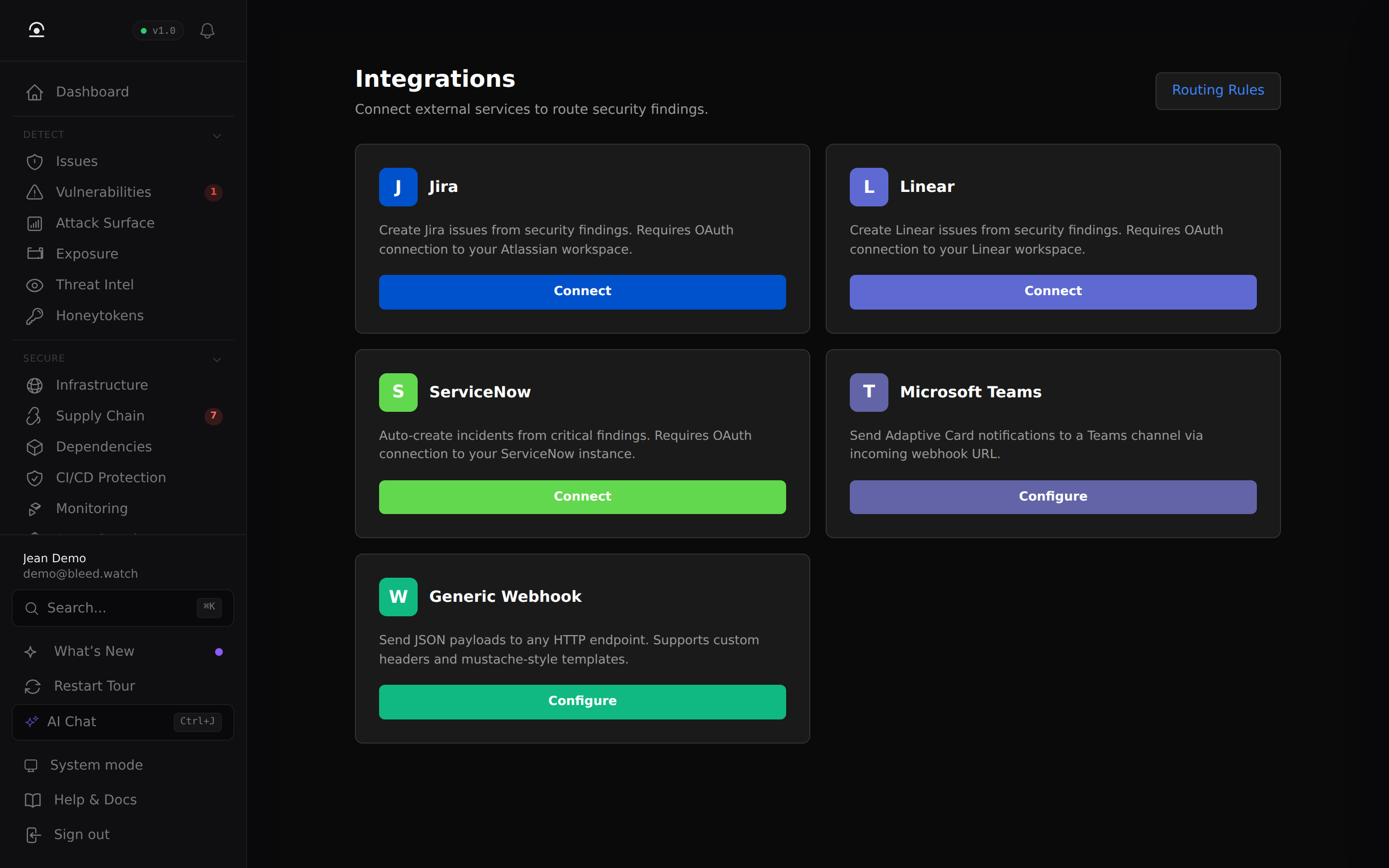 Sentinel → Integrations — Jira, Linear, ServiceNow, Teams, Webhook cards